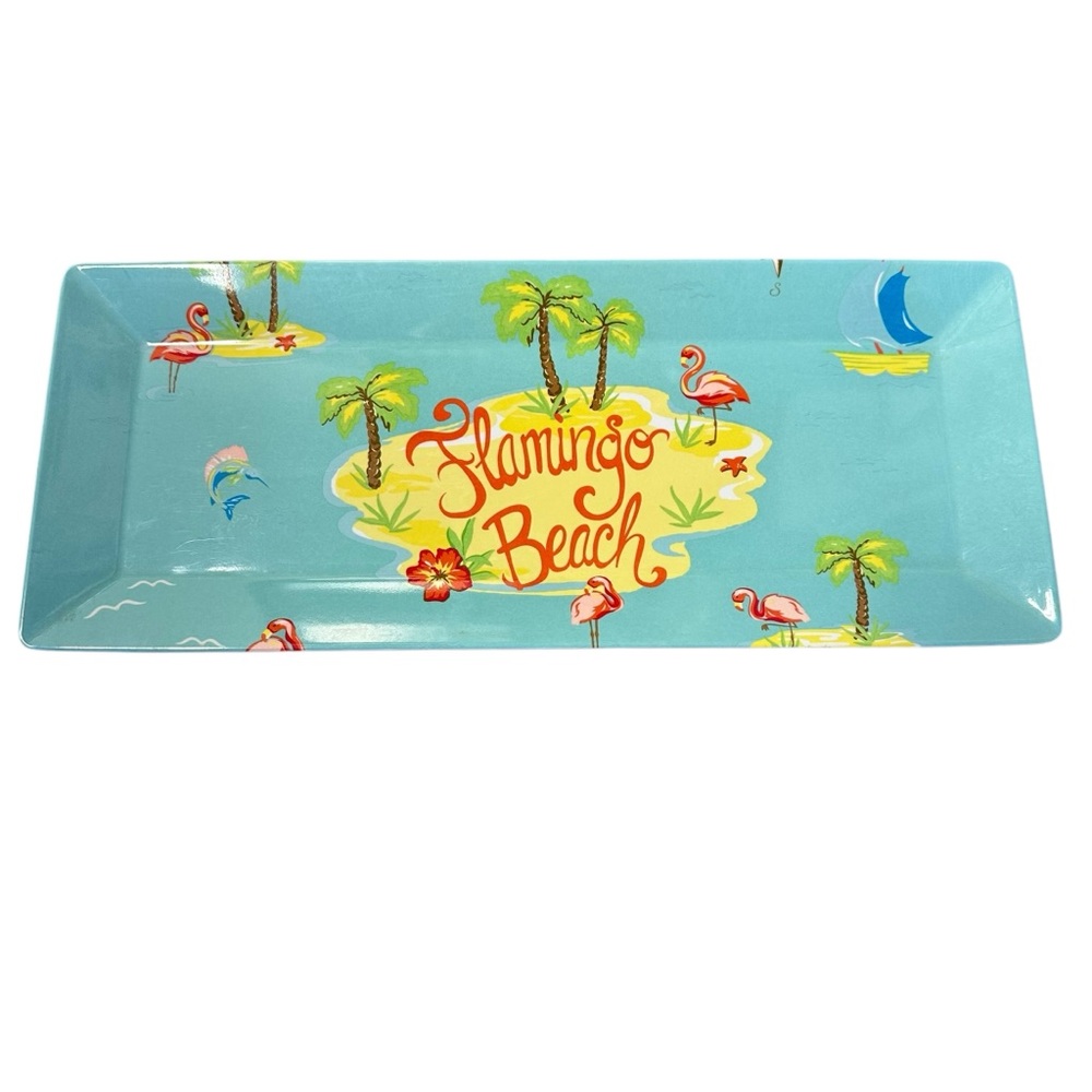 Pink‎ Flamingo Tropical Beach Serving Tray 19x8” Blue Melamine Plastic Platter